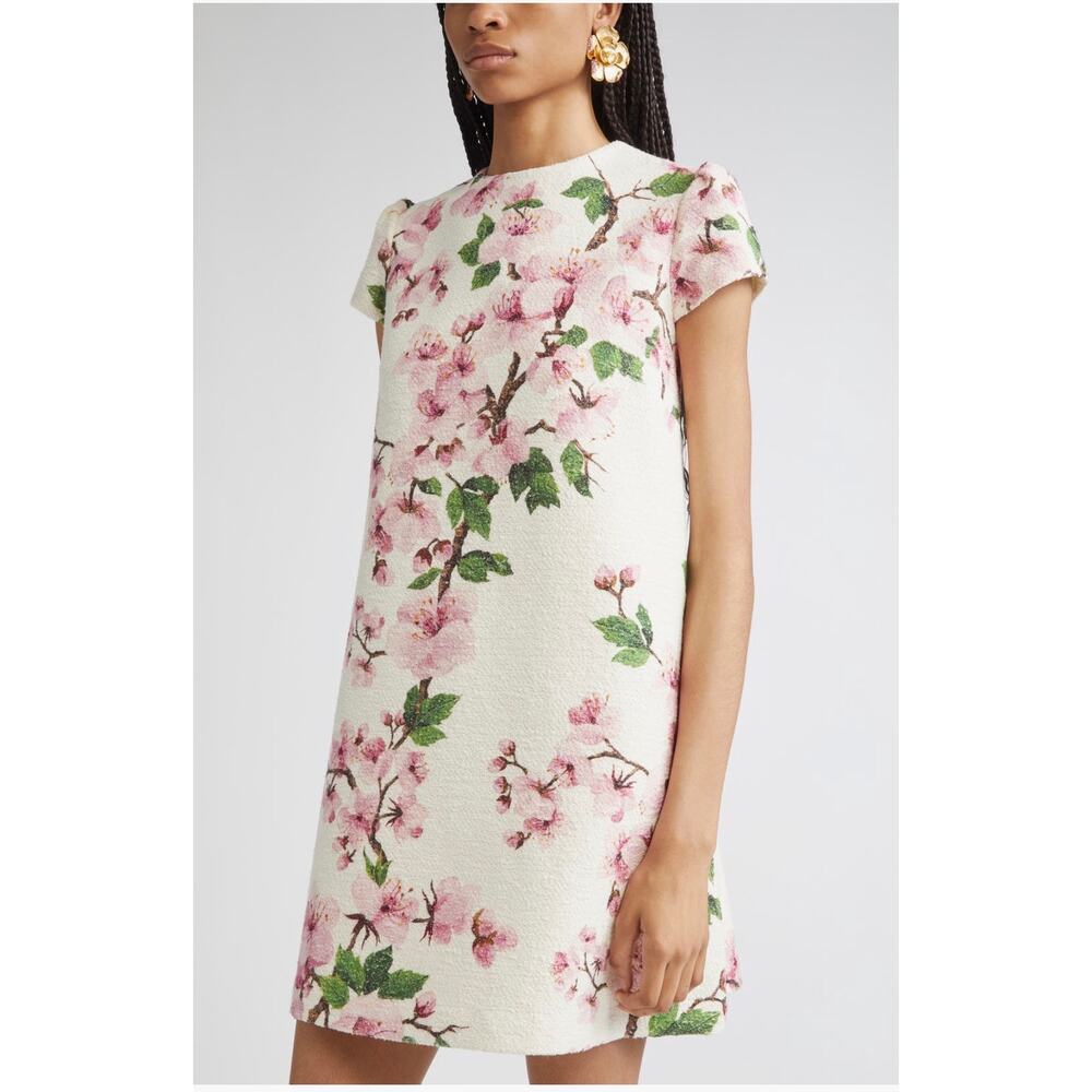 Oscar de la Renta Cherry Blossom Cap Sleeve Shift Dress in Pink Ivory 2 - Picture 2 of 6